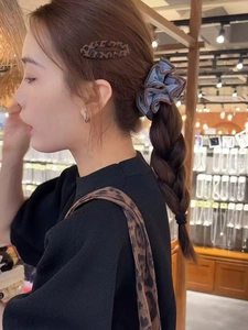 Blue striped scrunchie and leopard print hair clip set shown on model hairstyle