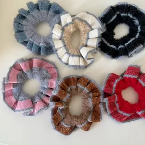 Set of 6 colorful contrast stitch knit hair scrunchies with fluffy pleated texture edges