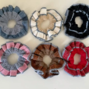 Set of 6 colorful knitted oversized hair scrunchies with soft wavy edges for women