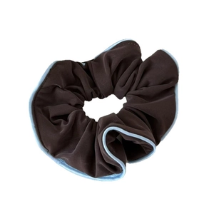 Blue striped edge coffee brown satin scrunchie for women high ponytail hair accessory