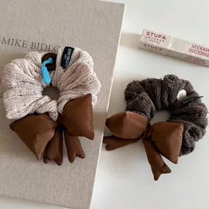 Chouchous en Tissu Tricoté Vintage Avec Grand Nœud Élastiques Beige Marron Élégants pour Femmes Accessoires de Coiffure Coréens