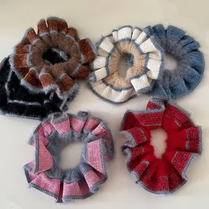 Handmade Contrast Color Knitted Woolen Hair Scrunchies For Women Autumn Winter Large Elastic Hair Ties Ponytail Holder