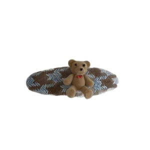 British style teddy bear hair clip with blue and brown herringbone knitted pattern