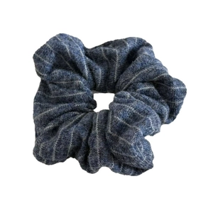 Blue knitted scrunchie with white stripes for women, minimalist hair tie accessory