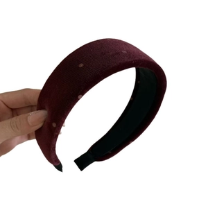Burgundy velvet sponge headband with polka dots for women, thick padded hair accessory