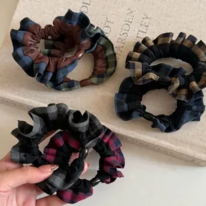Vintage Plaid Ruffled Fabric Scrunchies French Style Elastic Hair Ties Checkered Ponytail Holder For Women Hair Accessories