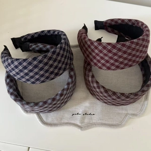 Set of four thick plaid headbands in navy blue and burgundy tartan fabric detail