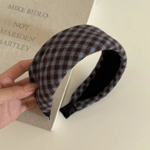 Vintage plaid padded headband in brown and blue textile fabric for women accessory