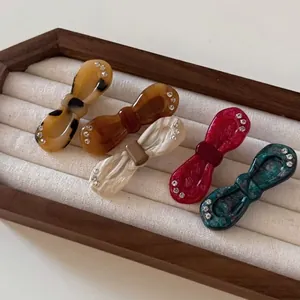 Vintage Acetate Bow Hair Clip With Marble Textures And Rhinestones Elegant Duckbill Clip For Women Fashion Hair Accessories