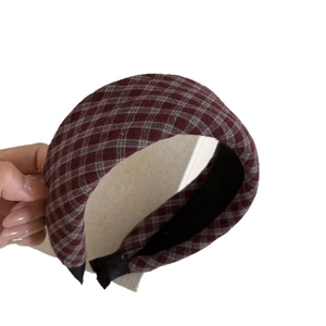 Vintage burgundy plaid thick headband for women with classic woven fabric texture