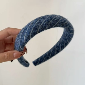 Thick blue striped tweed headband with textured finish for autumn and winter hairstyles