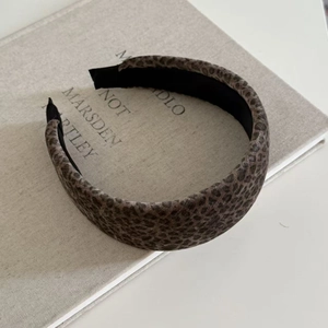 Fashionable leopard print velvet sponge headband with brown and grey tones on books