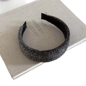 Vintage gray leopard print velvet sponge headband for women with a minimalist retro style