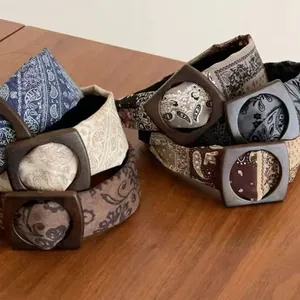 Retro paisley print wide headband with square wooden buckle in multiple colors