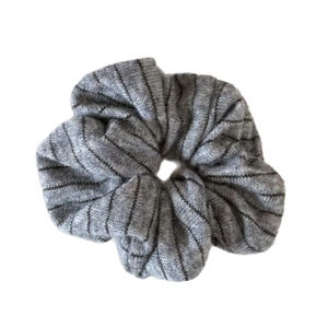 Minimalist grey striped knitted scrunchie with elastic hair tie for ponytails