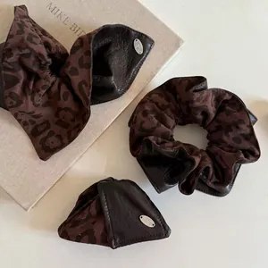 Retro Leopard Print Leather Patchwork Hair Scrunchie And Bow Hair Clip Elegant Fashion Commute Headwear Accessory For Women