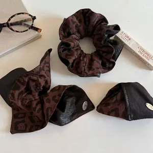 Retro leopard print hair scrunchie and clip set with black leather splicing details