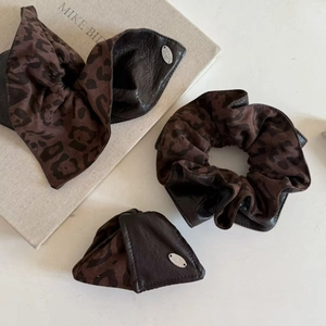 Leopard print and brown leather hair accessories set including scrunchies and hair clips