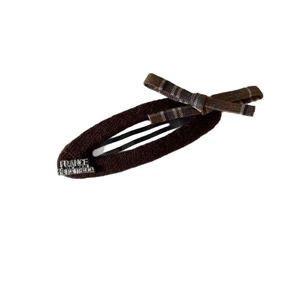 Brown plaid bow hair clip with wool fabric and silver France Handmade metal plate