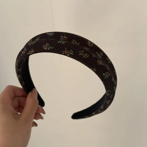 Vintage dark brown wide headband with colorful floral embroidery for women's hair styling
