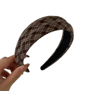 Classic brown plaid wide headband featuring a vintage check pattern and non-slip lining