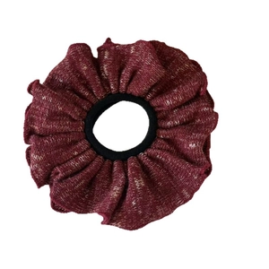 Deep red oil painting style knitted scrunchie with ruffled edges and elastic band