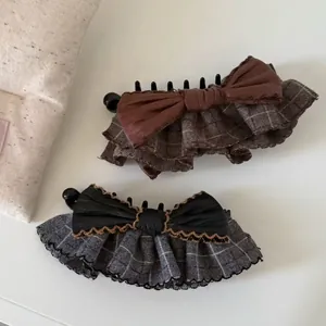 Vintage Plaid Bow Vertical Banana Clip Preppy Style Pleated Hair Claw For Women Elegant Daily Hair Accessories