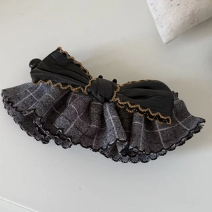 Vintage bow hair clip with black leather and grey plaid fabric for ponytail styles
