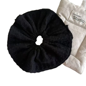 French style double-layer black knit scrunchie hair tie with elegant textured fabric