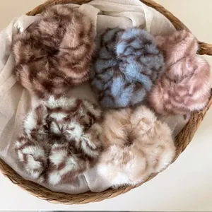 Vintage Plush Knit Hair Scrunchie For Women Autumn Winter Large Elastic Leopard Striped Faux Fur Hair Tie Headwear