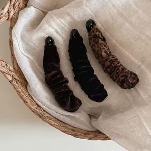 Vintage velvet leopard banana hair clips set in dark brown and black colors