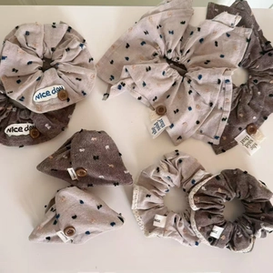 8-piece oatmeal series hair scrunchie set with vintage buttons and lace details