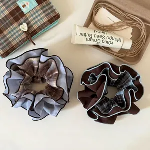 Korean style blue plaid oversized scrunchies set for hair in cozy aesthetic style