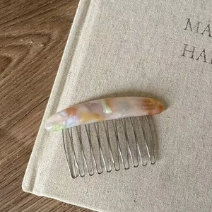 Pink marble texture acetate hair comb with metal teeth and France handmade engraving