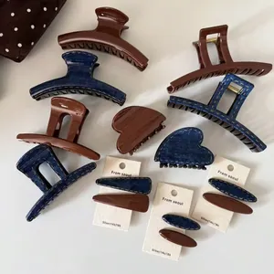 Korean Style Coffee Brown Acrylic Hair Claw Vintage Denim Texture Hairpin Elegant Shark Clips Women Fashion Accessories