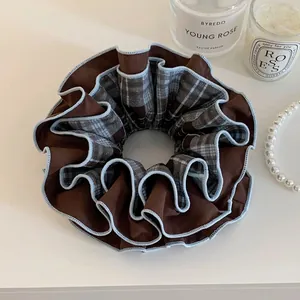 Korean Style Blue Plaid Fabric Scrunchie Retro Large Double Layer Pleated Hair Tie Elegant Color Block Hair Accessories For Women
