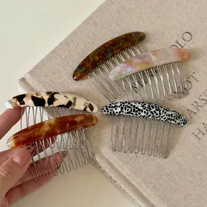Acetate Hair Comb With Metal Teeth Vintage Marble Pattern Handmade Hair Insert Comb Clip For Women Hair Styling Accessory