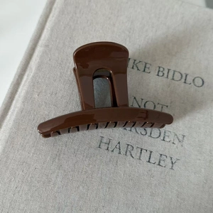 Polished brown hair claw clip displayed on a minimalist book cover for hairstyling