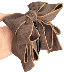Brown coffee plaid pleated bow banana hair clip for high ponytail styling accessory