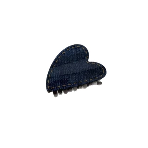 Blue denim heart hair claw clip with yellow stitching and resin teeth for women