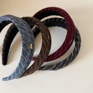 Vintage Knitted Wide Striped Headband For Women Handmade Cloth Hairband With Gold Metal Tag Fashion Hair Accessories