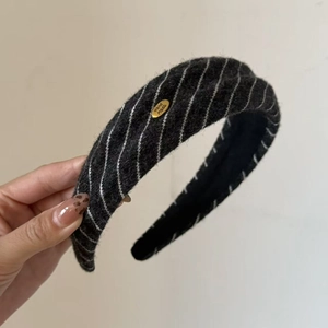 Vintage black and white striped knitted wide headband with gold Hand Made plaque decoration