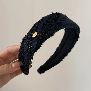 French style tweed wide headband with gold label and fringe details in navy blue