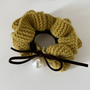 Mustard green knitted hair scrunchie with dark velvet bow and white pearl pendant