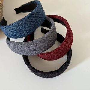French wide padded wool headband in blue, grey, burgundy and black colors with woven texture