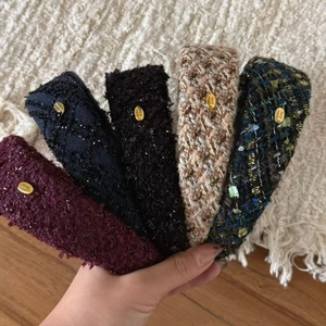 French Tweed Wide Brim Headband For Women Retro Elegant Plaid Hair Band With Golden Metal Tag Fashion Hair Accessories