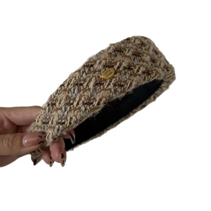 French style thick tweed headband in brown and gold with handmade metal logo tag