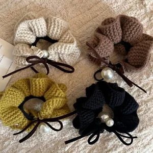 Vintage Knitted Woolen Yarn Scrunchie With Faux Artificial Pearl Bowknot Elastic Hair Tie Fashion Hair Rope For Women Hair Accessories