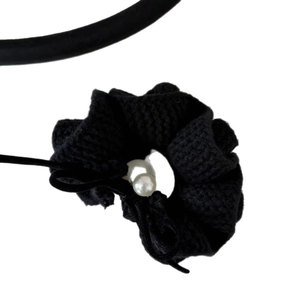Elegant black knitted hair scrunchie with white pearls and 3D floral bow design