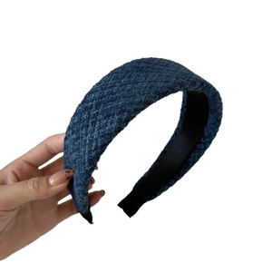 Classic dark blue tweed headband with thick woven texture for elegant hair styling